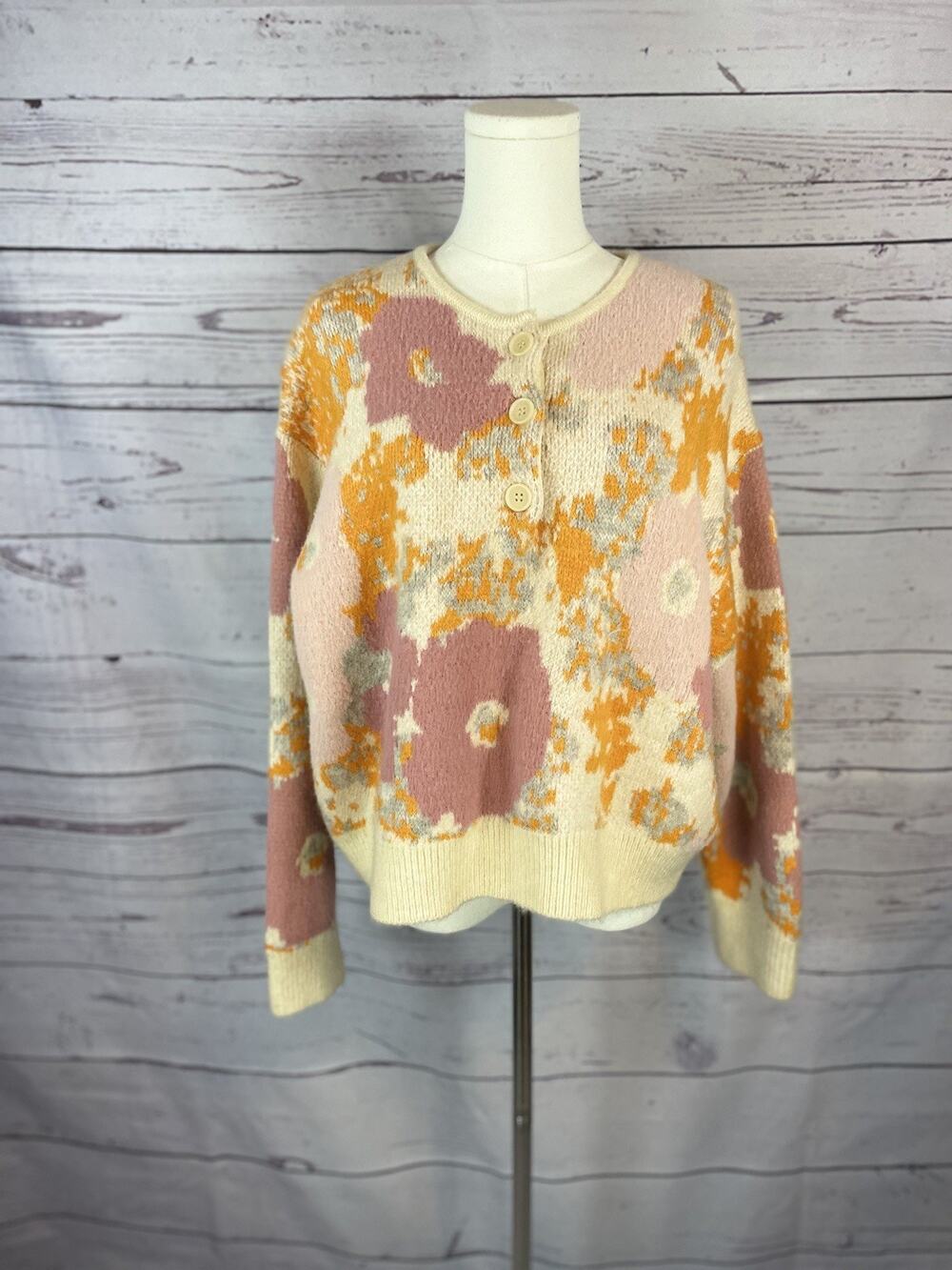 Zara Floral Jacquard Knit Cropped Henley Sweater Women’s L Soft Fuzzy Pullover